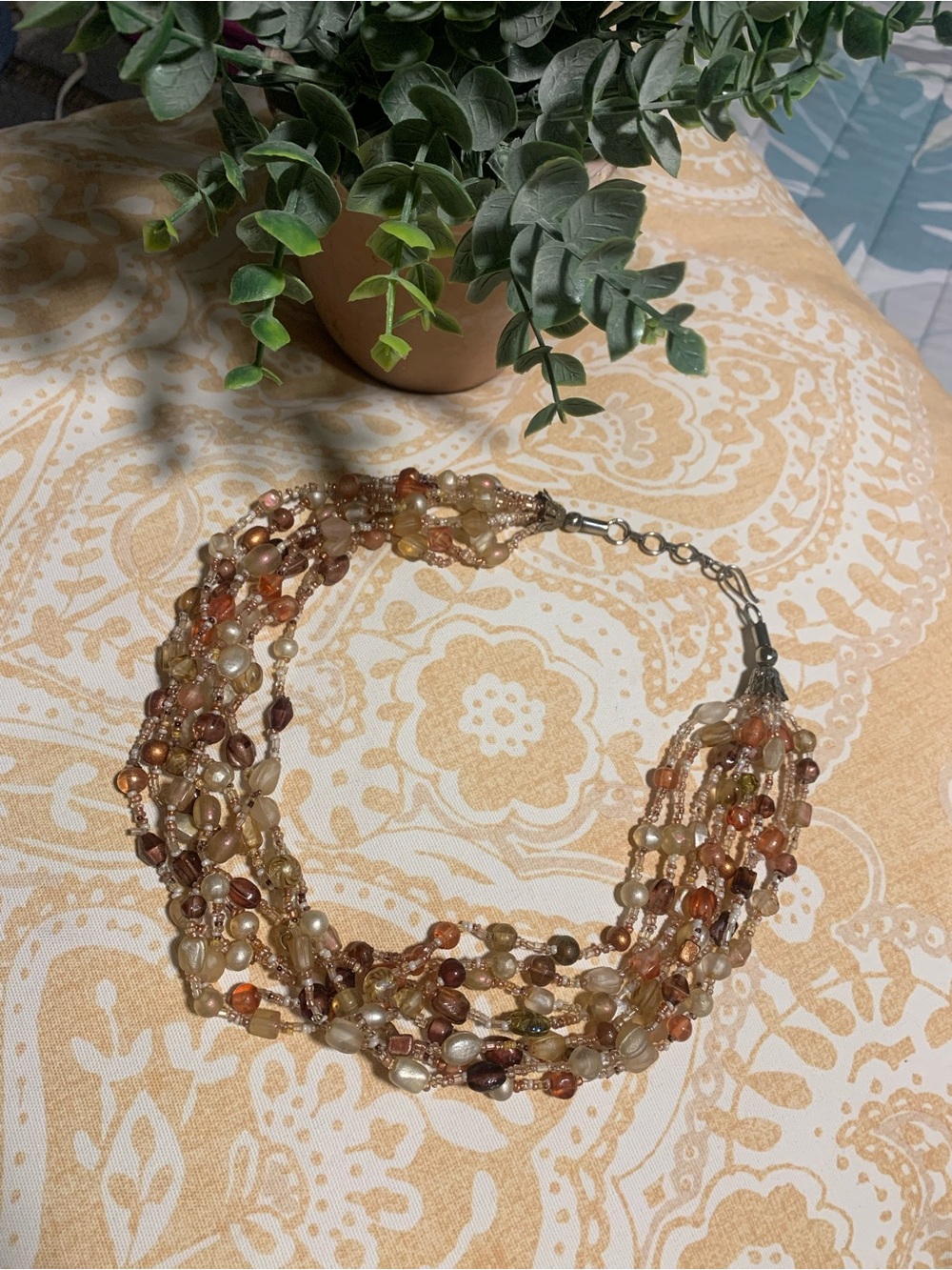 Multi-Strand Brown and Gold Beaded Necklace